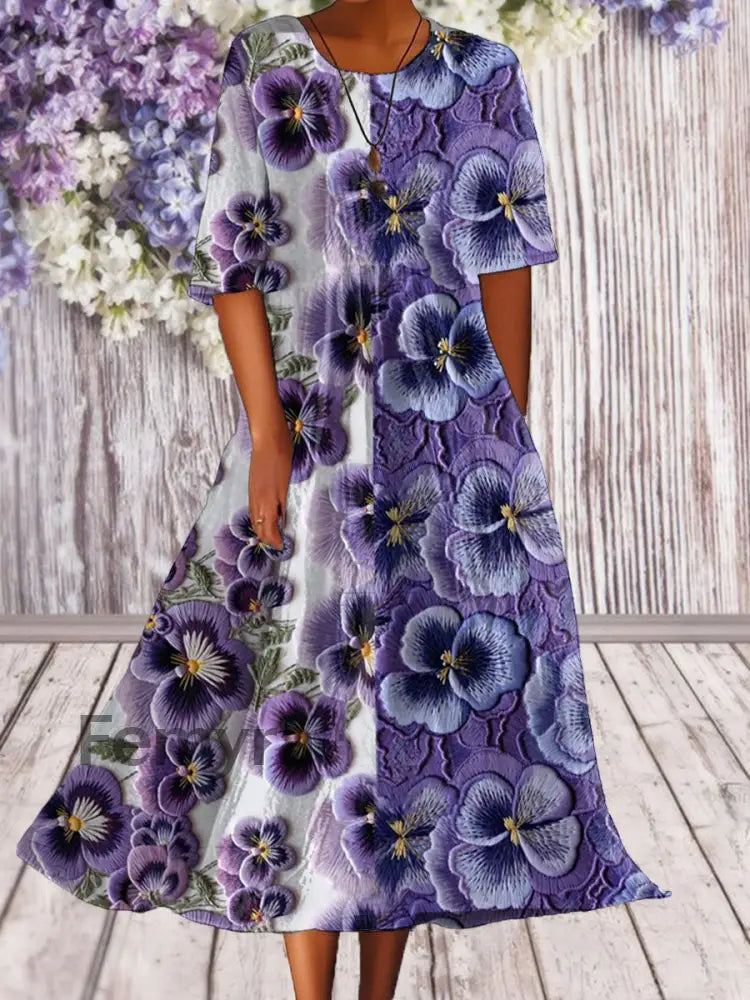 Women’s Alzheimer’s Awareness Purple Floral Pansy Printed Dress Purple / S