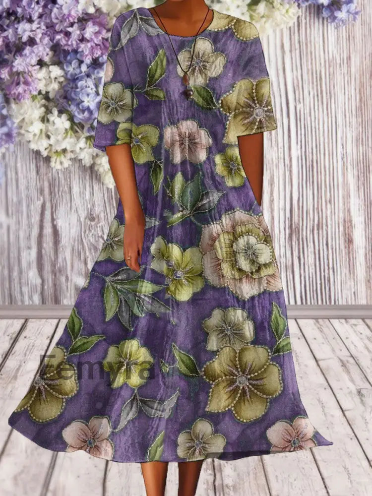 Women’s Alzheimer’s Awareness Purple Floral Pansy Printed Dress Purple / S