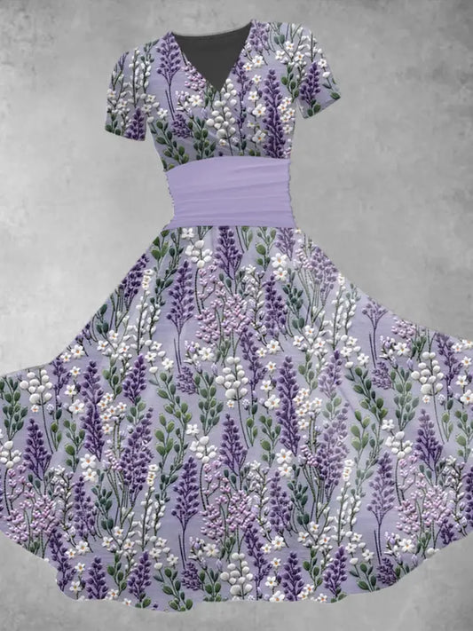 Women’s Alzheimer’s Awareness Purple Floral Print V-neck Short Sleeve Maxi Dress Purple / S