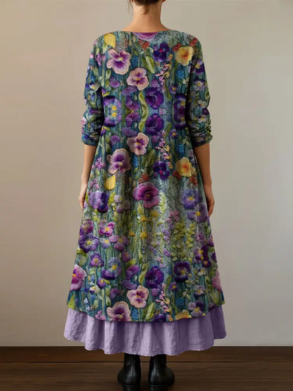 Women’s Alzheimer’s Awareness Purple Flower Printed Cotton Linen Long Sleeve Maxi Dress
