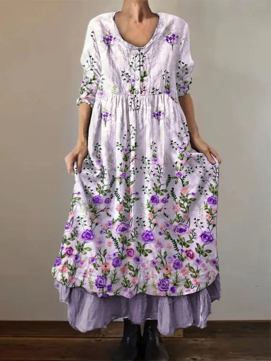 Women’s Alzheimer’s Awareness Purple Flower Printed Cotton Linen Long Sleeve Maxi Dress Light Purple / S