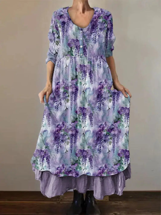 Women’s Alzheimer’s Awareness Purple Flower Printed Cotton Linen Long Sleeve Maxi Dress Purple / S