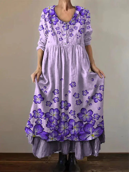 Women’s Alzheimer’s Awareness Purple Flower Printed Cotton Linen Long Sleeve Maxi Dress Purple / S