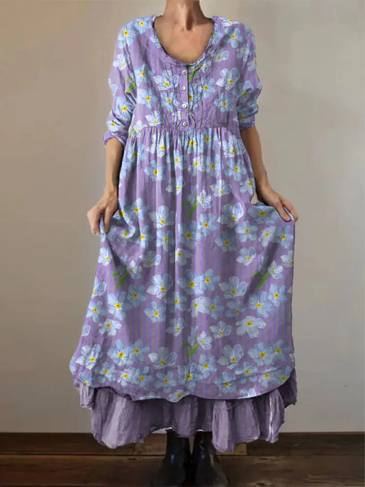 Women’s Alzheimer’s Awareness Purple Flower Printed Cotton Linen Long Sleeve Maxi Dress Purple / S