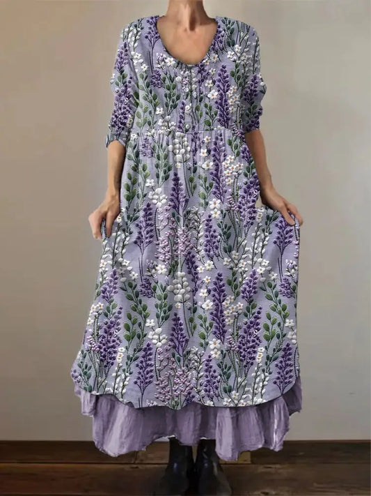 Women’s Alzheimer’s Awareness Purple Flower Printed Cotton Linen Long Sleeve Maxi Dress Purple / S