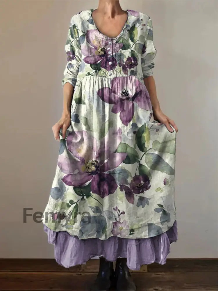 Women’s Alzheimer’s Awareness Purple Flower Printed Cotton Linen Long Sleeve Maxi Dress Purple / S