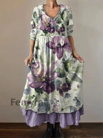 Women’s Alzheimer’s Awareness Purple Flower Printed Cotton Linen Long Sleeve Maxi Dress Purple / S