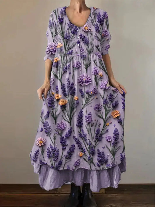 Women’s Alzheimer’s Awareness Purple Flower Printed Cotton Linen Long Sleeve Maxi Dress Purple / S