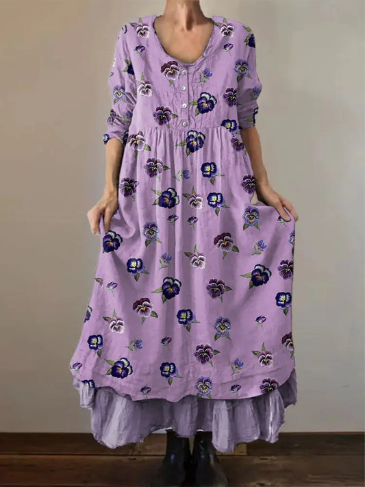 Women’s Alzheimer’s Awareness Purple Flower Printed Cotton Linen Long Sleeve Maxi Dress Purple / S