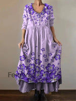 Women’s Alzheimer’s Awareness Purple Flower Printed Cotton Linen Long Sleeve Maxi Dress Purple / S
