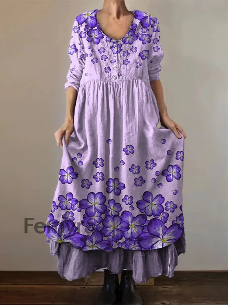 Women’s Alzheimer’s Awareness Purple Flower Printed Cotton Linen Long Sleeve Maxi Dress Purple / S