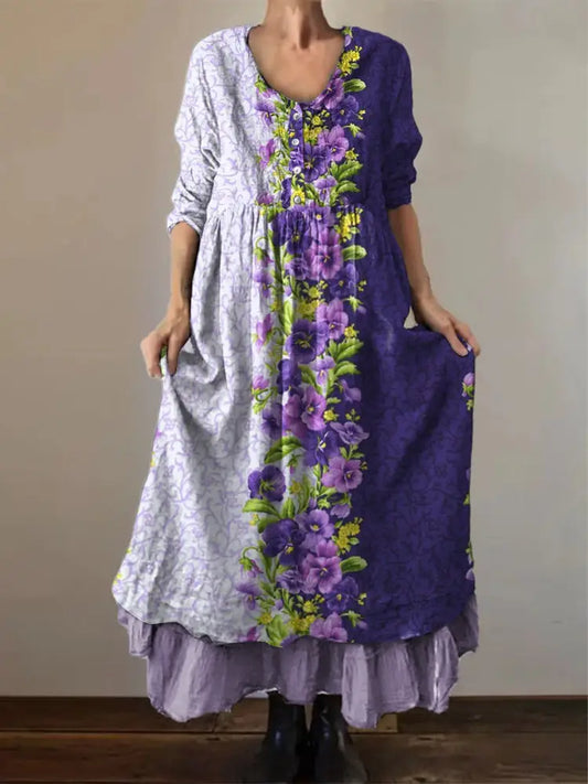 Women’s Alzheimer’s Awareness Purple Flower Printed Cotton Linen Long Sleeve Maxi Dress Purple / S