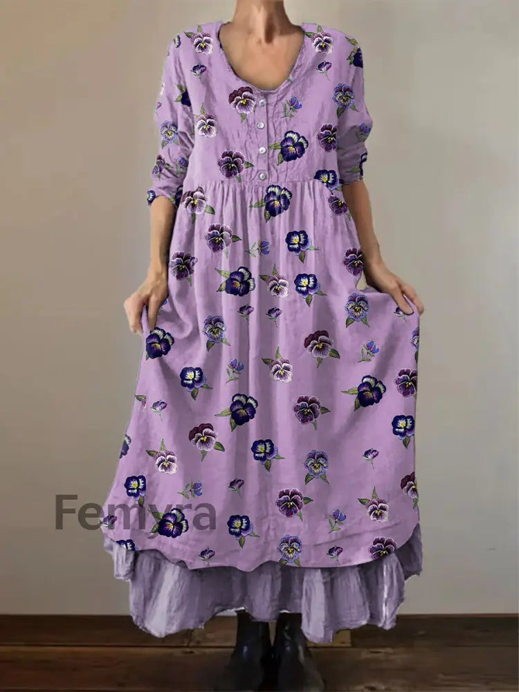 Women’s Alzheimer’s Awareness Purple Flower Printed Cotton Linen Long Sleeve Maxi Dress Purple / S
