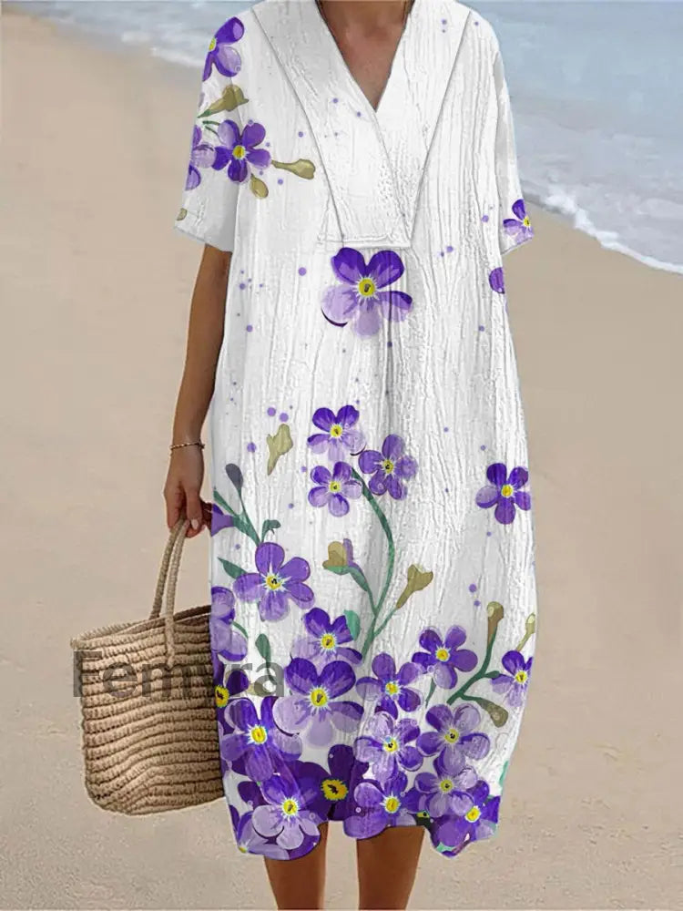 Women’s Alzheimer’s Awareness Purple Flower Printed Cotton Linen Short Sleeve Maxi Dress