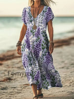 Women’s Alzheimer’s Awareness Purple Flower Printed Cotton Linen Short Sleeve Maxi Dress Purple / S