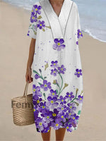 Women’s Alzheimer’s Awareness Purple Flower Printed Cotton Linen Short Sleeve Maxi Dress White / S