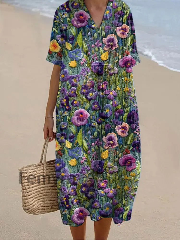 Women’s Alzheimer’s Awareness Purple Flower Printed Cotton Linen V-Neck Elegant Short Sleeve Maxi Dress Purple / S