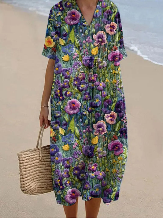 Women’s Alzheimer’s Awareness Purple Flower Printed Cotton Linen V-Neck Elegant Short Sleeve Maxi Dress Purple / S
