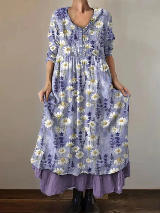 Women’s Alzheimer’s Awareness Purple Flower Printed Loose Long Sleeve Cotton Linen Dress Light Purple / S