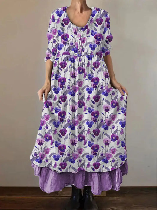 Women’s Alzheimer’s Floral Printed Cotton Linen Long Sleeve Long Skirt Purple / S