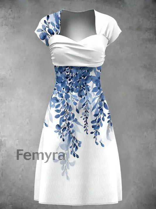 Women’s Blue Leaf Art Print Wrap Midi Dress