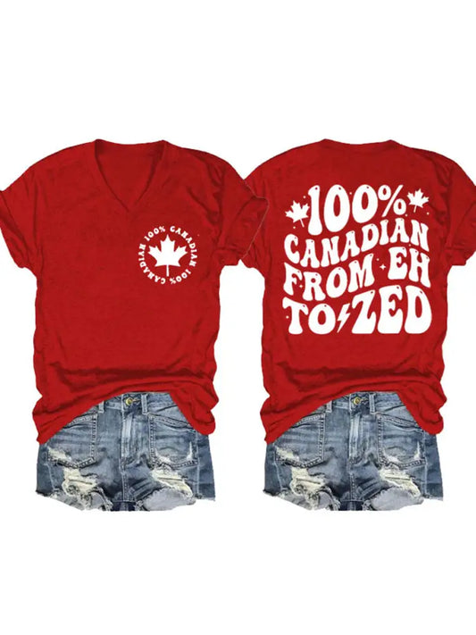 Women’s Canada 100% Canadian From ’Eh’ To ’Zed’ Printed V-neck T-shirt Red / S