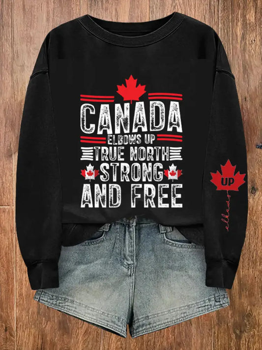 Women’s Canada Elbows Up True North Strong And Free Elbows Up Printed Long Sleeve Sweatshirt Black / S