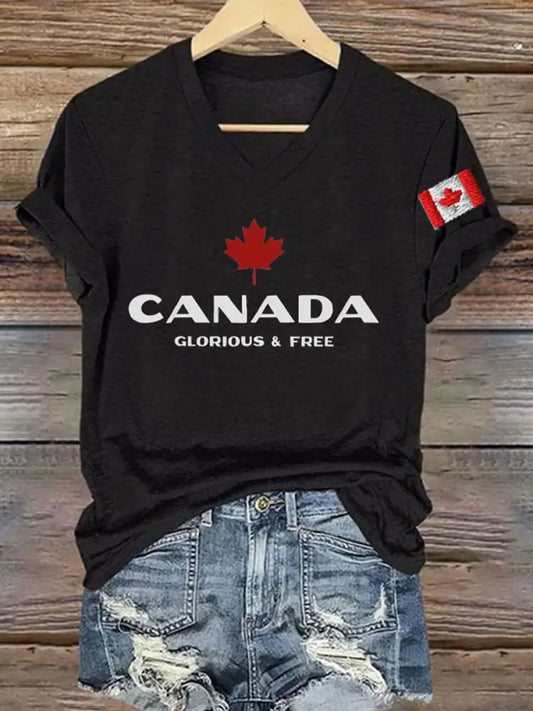 Women’s Canada Glorious And Free Printed V-neck Shirt Black / S