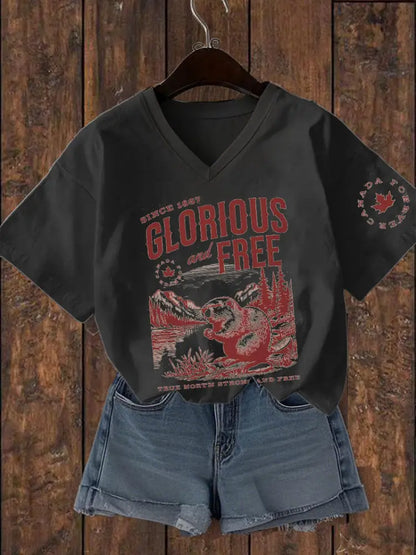 Women’s Canada Glorious And Free Printed V-neck T-shirt Black / S
