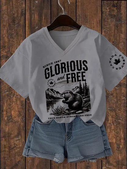 Women’s Canada Glorious And Free Printed V-neck T-shirt Light Gray / S