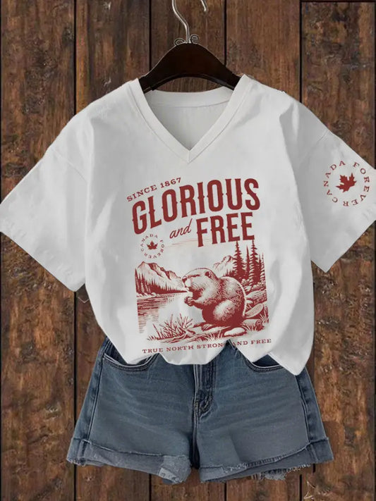 Women’s Canada Glorious And Free Printed V-neck T-shirt White / S