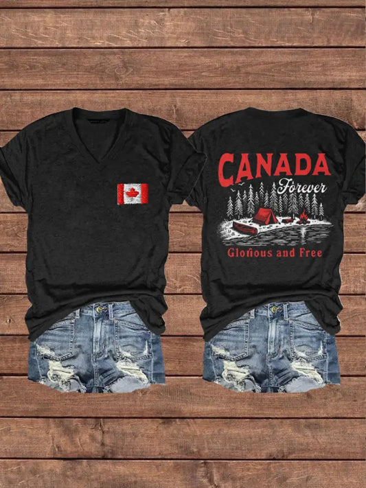 Women’s Canada Gloruous And Free Printed V-neck Shirt Black / S