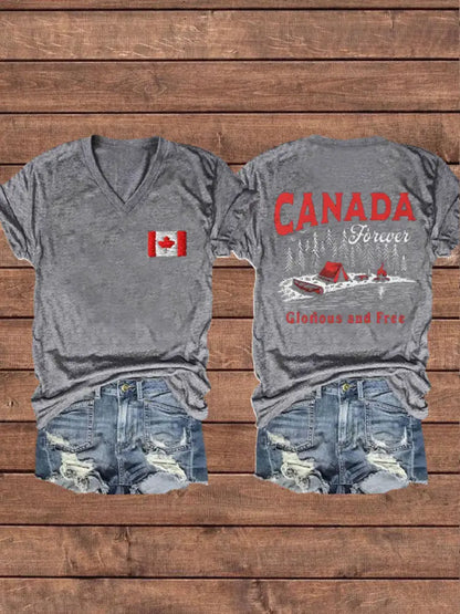 Women’s Canada Gloruous And Free Printed V-neck Shirt Light Gray / S
