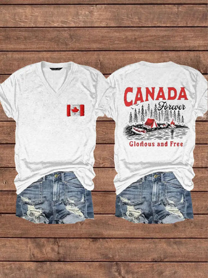 Women’s Canada Gloruous And Free Printed V-neck Shirt White / S