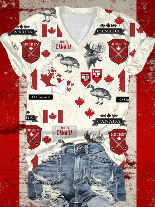 Women’s Canada Print V-Neck Short Sleeve T-Shirt As picture / S