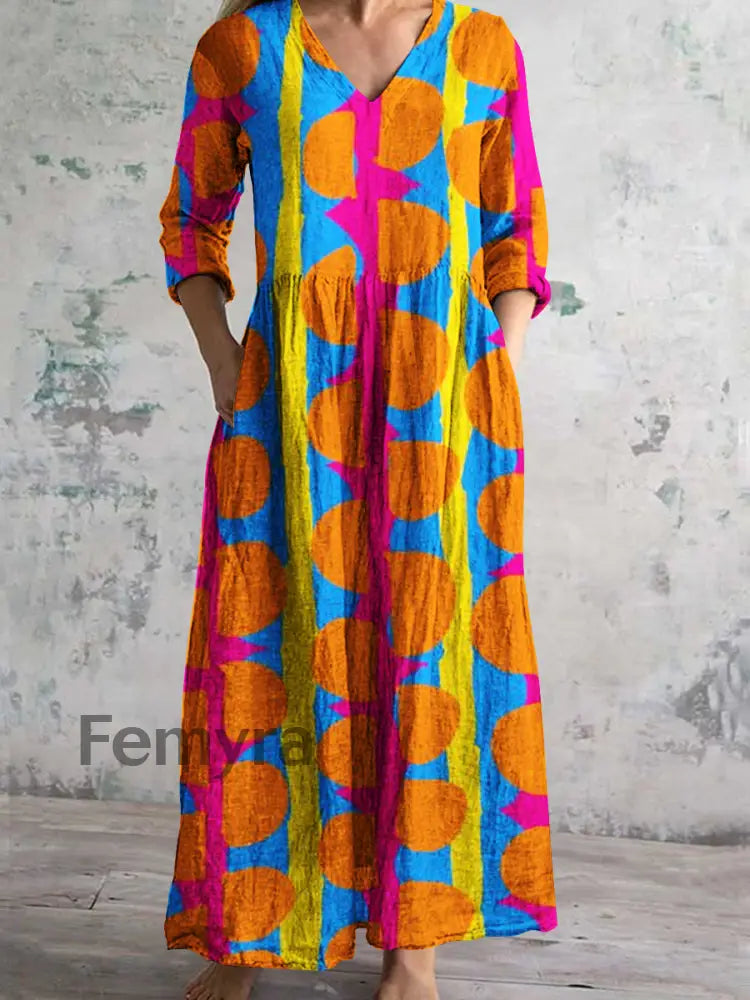 Women’s Casual Comfortable Geometric Pattern Dress With Pockets Colorful / S