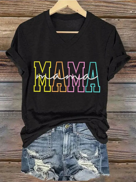 Women’S Casual Mother’S Day Mama Graphic Print V-neck Short Sleeve T-Shirt Black / S