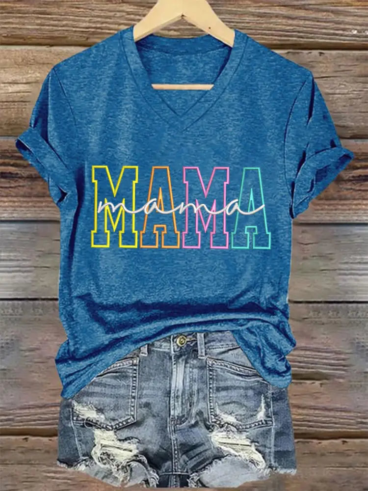 Women’S Casual Mother’S Day Mama Graphic Print V-neck Short Sleeve T-Shirt Blue / S