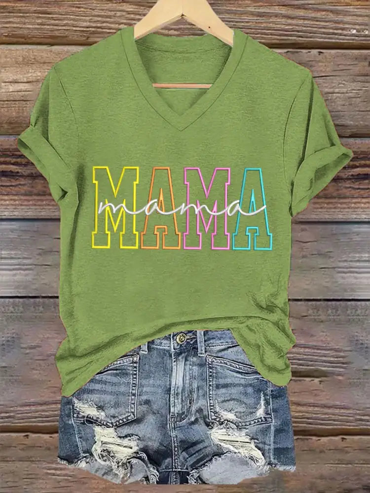 Women’S Casual Mother’S Day Mama Graphic Print V-neck Short Sleeve T-Shirt Green / S