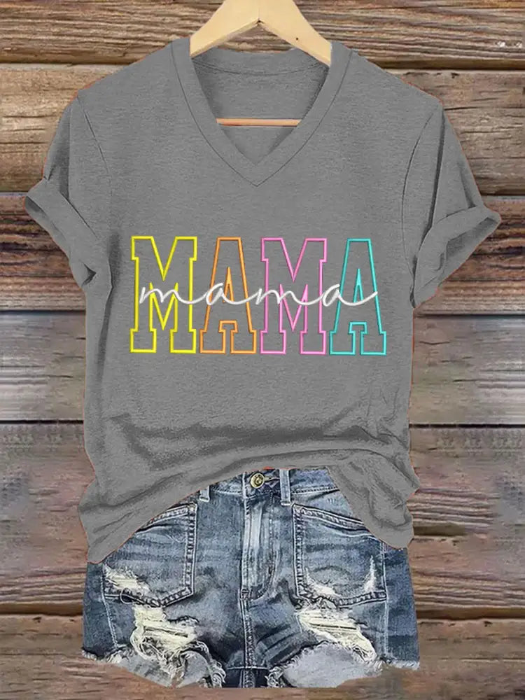 Women’S Casual Mother’S Day Mama Graphic Print V-neck Short Sleeve T-Shirt Light Gray / S