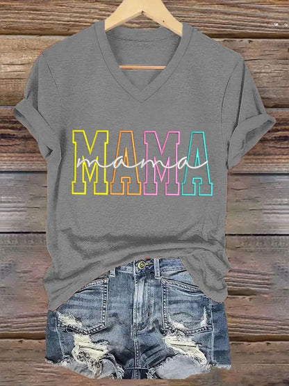 Women’S Casual Mother’S Day Mama Graphic Print V-neck Short Sleeve T-Shirt Light Gray / S