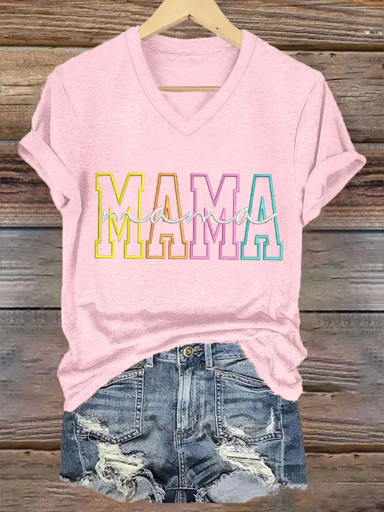 Women’S Casual Mother’S Day Mama Graphic Print V-neck Short Sleeve T-Shirt Light Pink / S