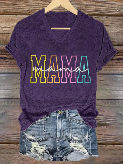 Women’S Casual Mother’S Day Mama Graphic Print V-neck Short Sleeve T-Shirt Purple / S