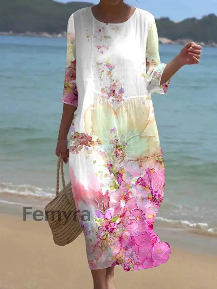 Women’s Casual Round Neck Floral Art Print Elegant Dress A / S