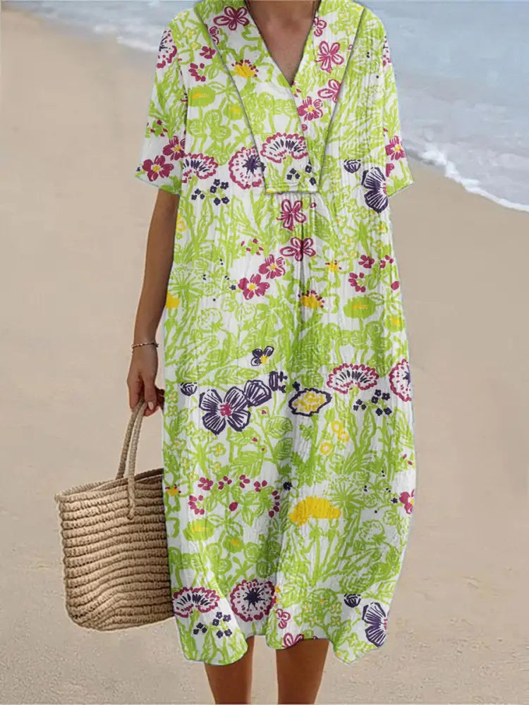 Women’s Colorful Floral Art Print Short Sleeve Dresses Green / S