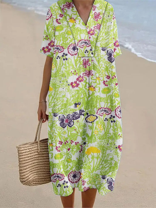 Women’s Colorful Floral Art Print Short Sleeve Dresses Green / S