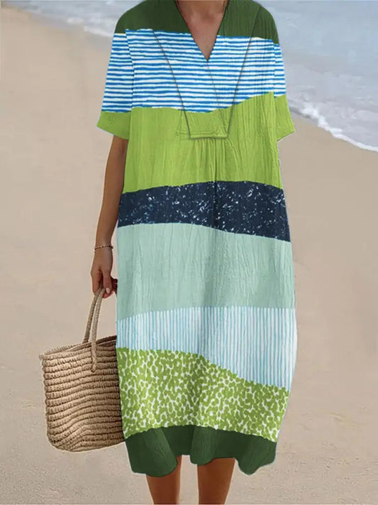 Women’s Colorful Geometric Art Print Short Sleeve Dress Green / S