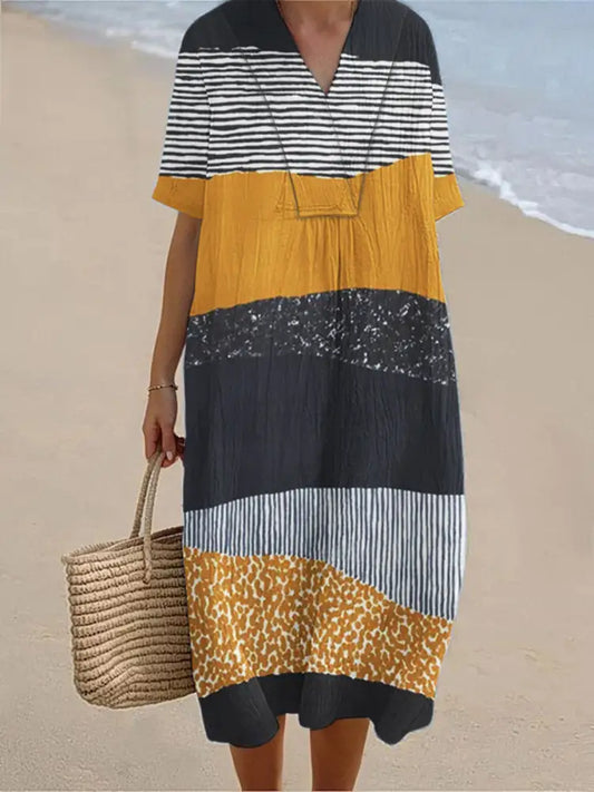 Women’s Colorful Geometric Art Print Short Sleeve Dress Jacinth / S