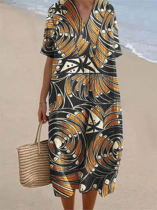 Women’s Copatucano Art Printed Cotton Linen V-Neck Short Sleeve Dress Ginger / S