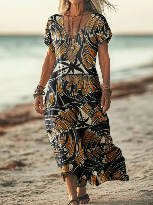 Women’s Copatucano Art Printed Cotton Linen V-Neck Short Sleeve Dress Ginger / S